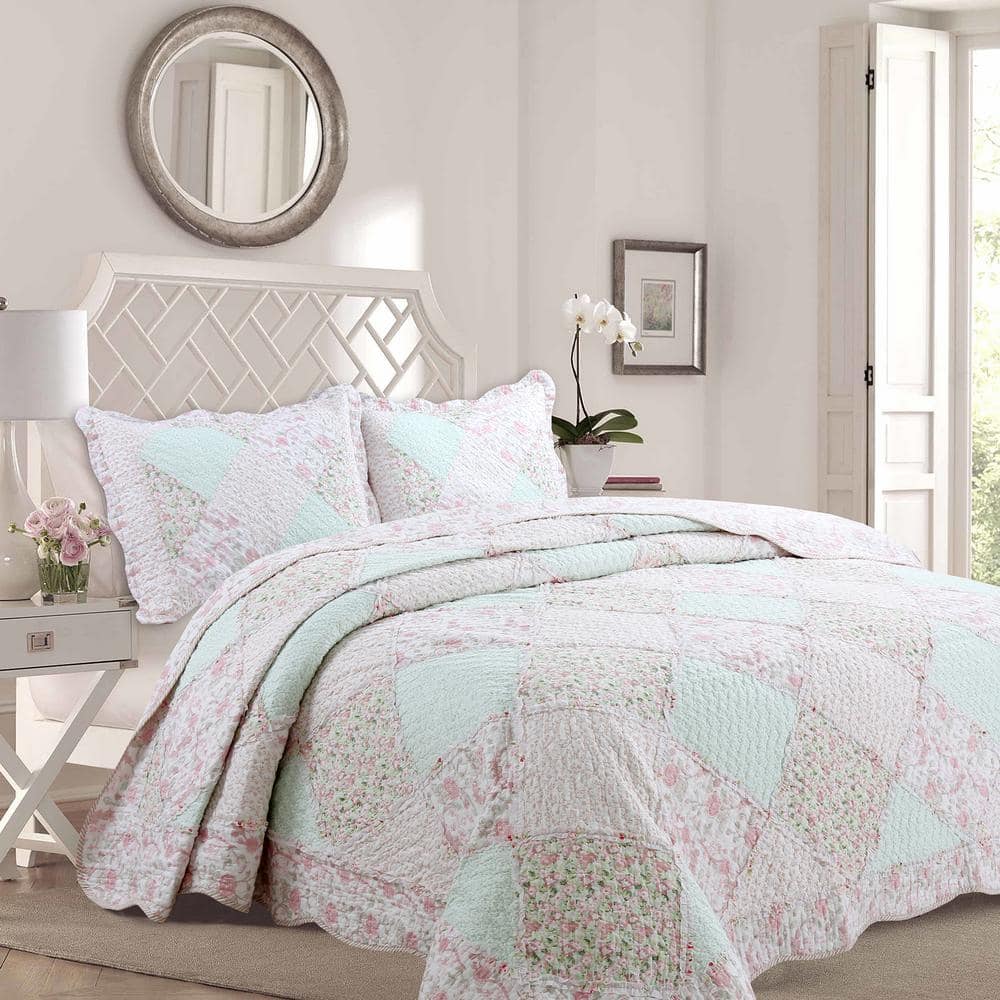 Cozy Line Home Fashions Pastel Floral Rose Garden 3-Piece Soft Pink Peach Green Ruffle Patchwork Cotton King Quilt Bedding Set