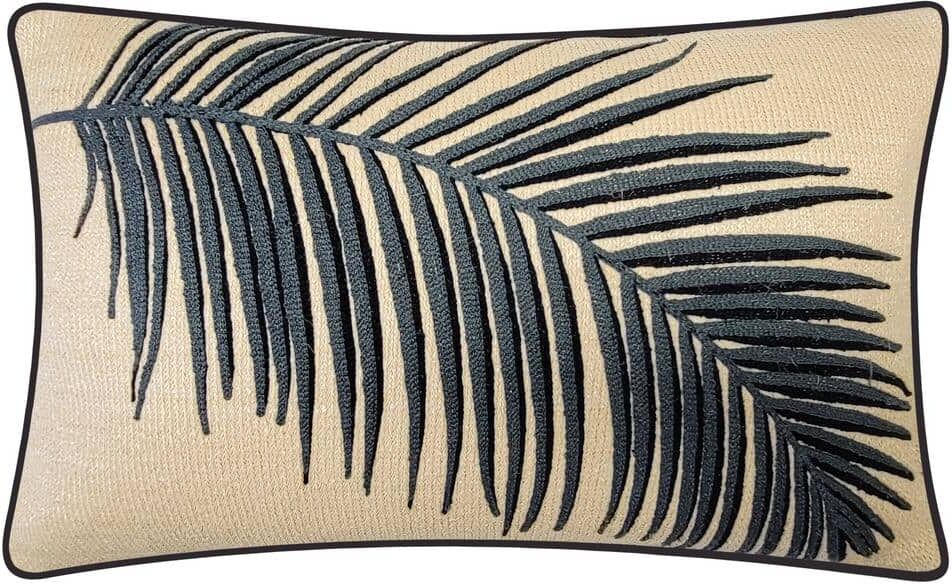 Black Multi Raffia Embroidered Palm Frond Indoor/Outdoor 12 x 20 Decorative Pillow