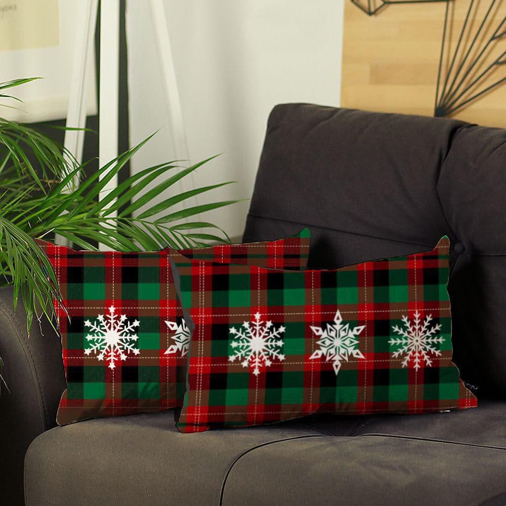 MIKE & Co. NEW YORK Christmas Snowflakes Decorative Throw Pillow Lumbar 12 in. x 20 in. Red and Green for Couch, Bedding (Set of 2)