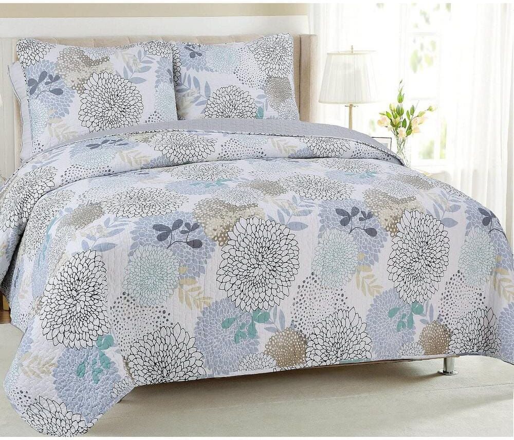 Cozy Line Home Fashions Dahlia Flower Garden Blooms 3-Piece Grey Aqua Blue Taupe Floral Cotton Queen Quilt Bedding Set