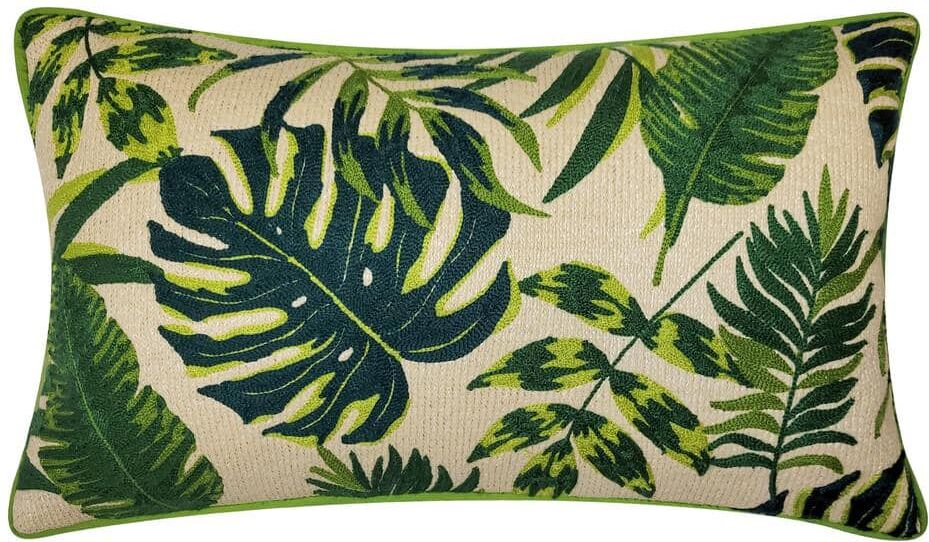 Green Multi Raffia Embroidered Leaves Indoor/Outdoor 12 x 20 Decorative Pillow