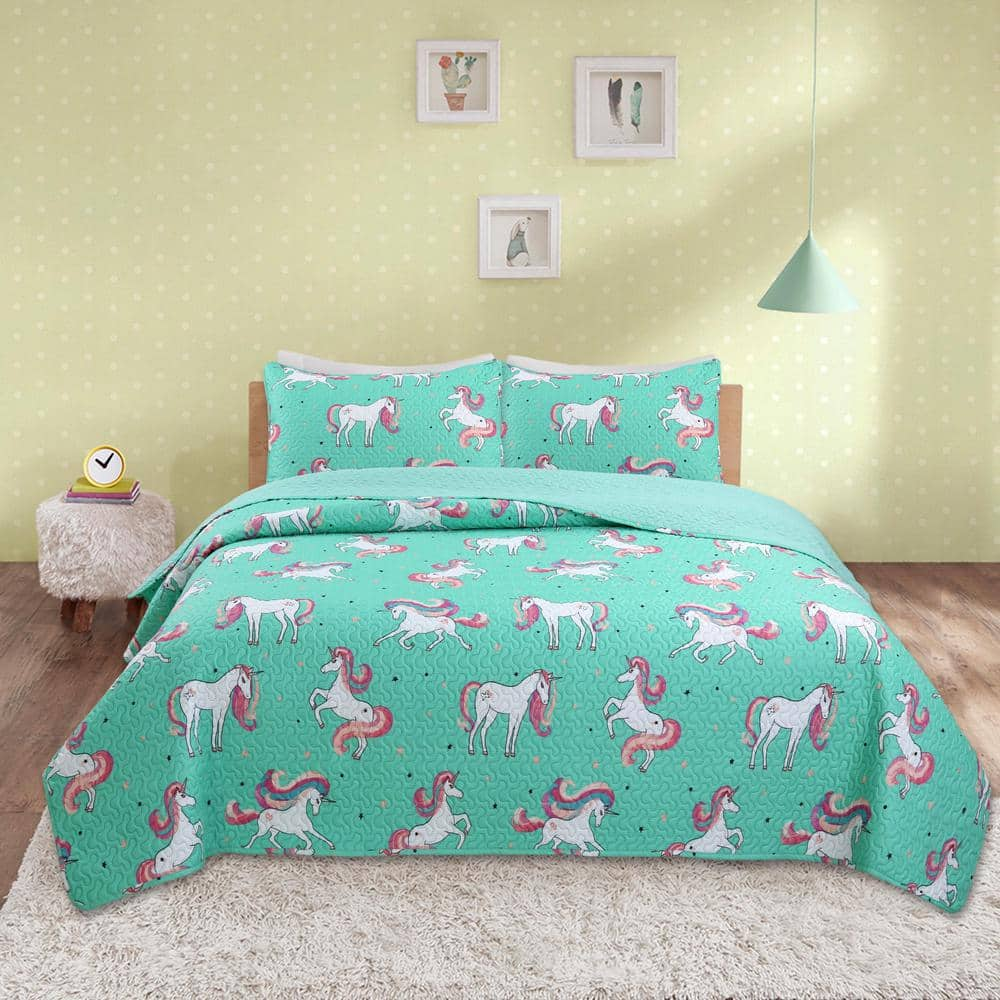 Harper Lane Unicorn Galaxy 3-piece Aqua Full/Queen Microfiber Quilt Set