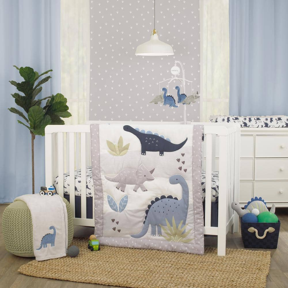 CARTER'S Dino Adventure Gray and Blue 3 Piece Crib Bedding Set - Comforter Fitted Polyester Crib Sheet and Crib Skirt