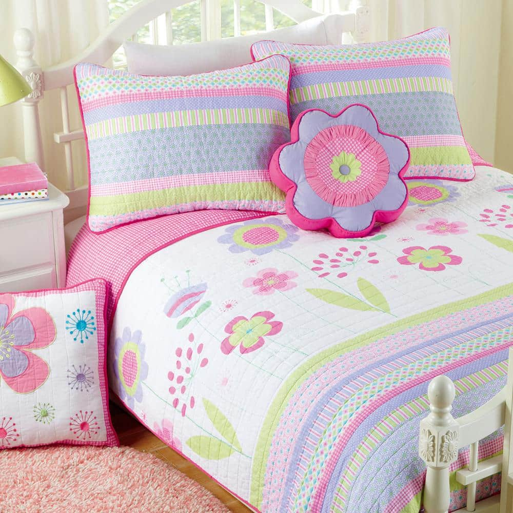 Cozy Line Home Fashions Spring Floral Stripe Polka Dot Flower Garden 3-Piece Purple Pink Green White Cotton Queen Quilt Bedding Set