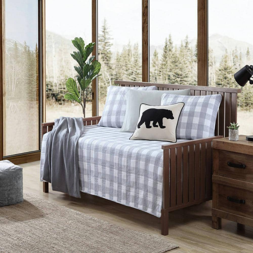 Eddie Bauer Lakehouse Plaid 4-Piece Light Gray Cotton Bonus Daybed Set