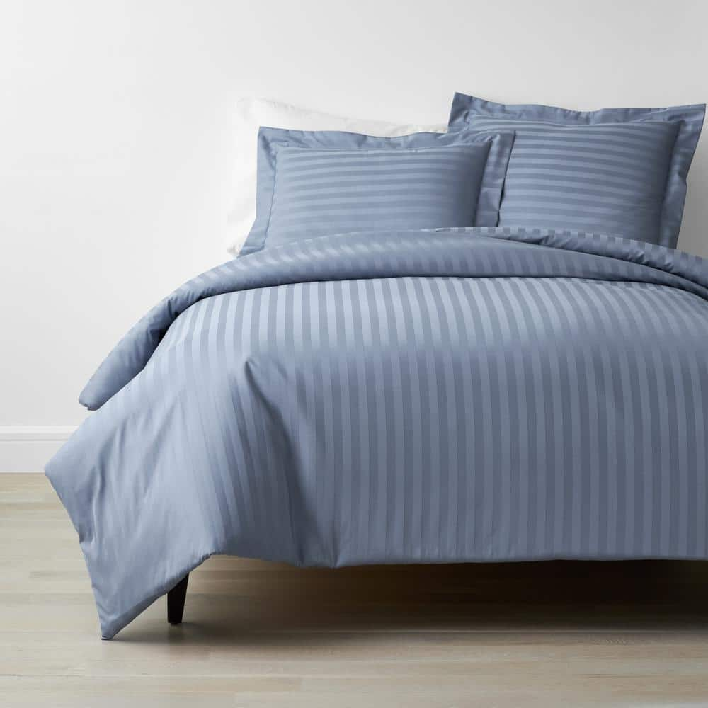 The Company Store Company Cotton Dobby Stripe Wrinkle-Free Sateen Infinity Blue Full Cotton Duvet Cover