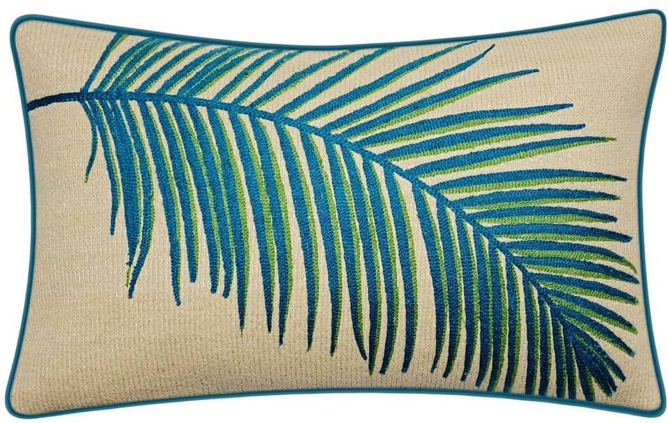 Turq Multi Raffia Embroidered Palm Frond Indoor/Outdoor 12 x 20 Decorative Pillow