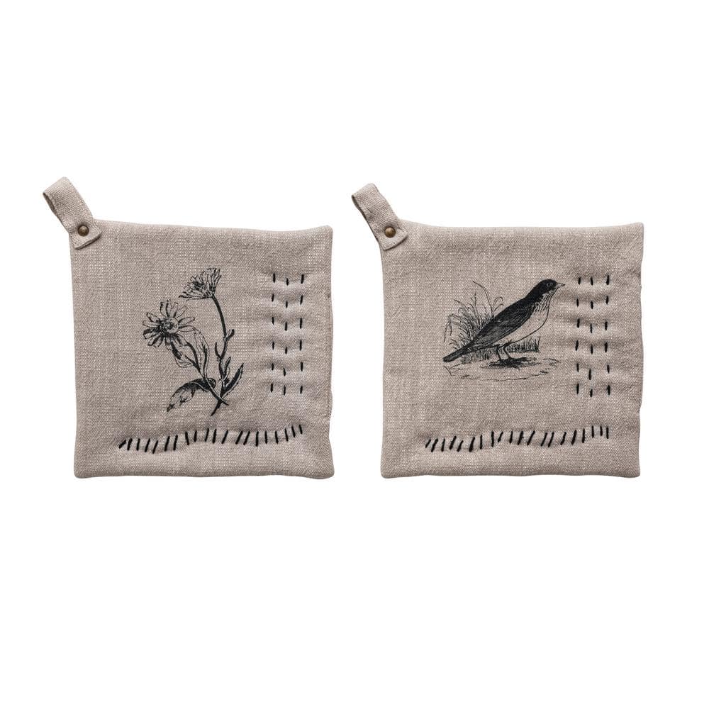 Storied Home Cream and Black Square Cotton Slab Printed Potholder (2-Pack)