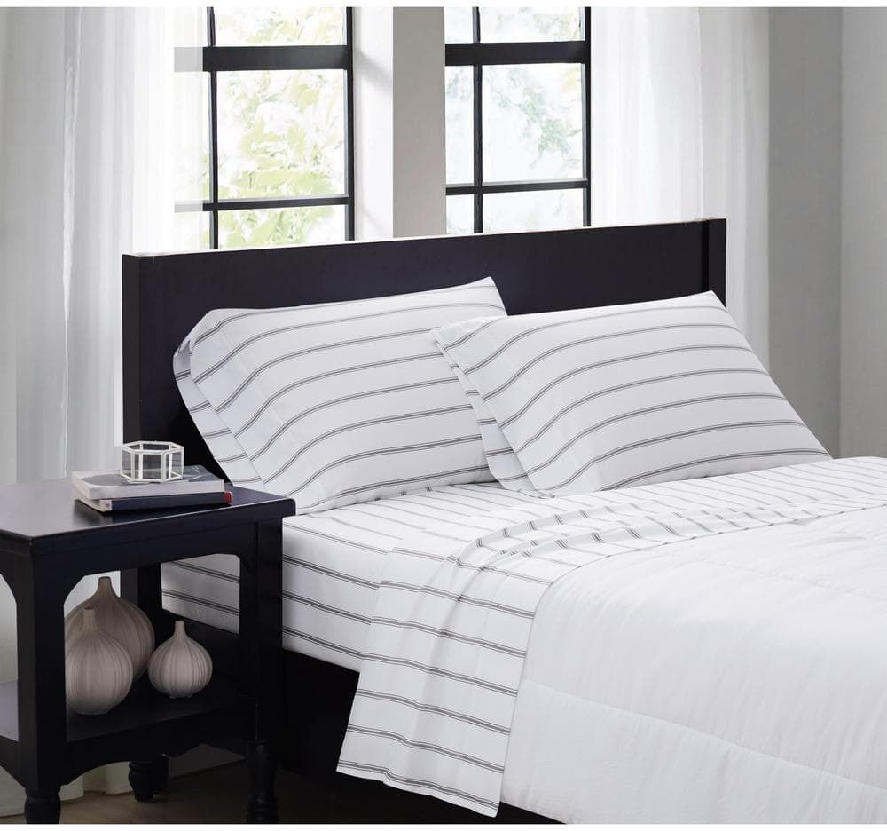 Truly Soft Ticking Stripe 4-Piece White/Grey Microfiber Full Sheet Set