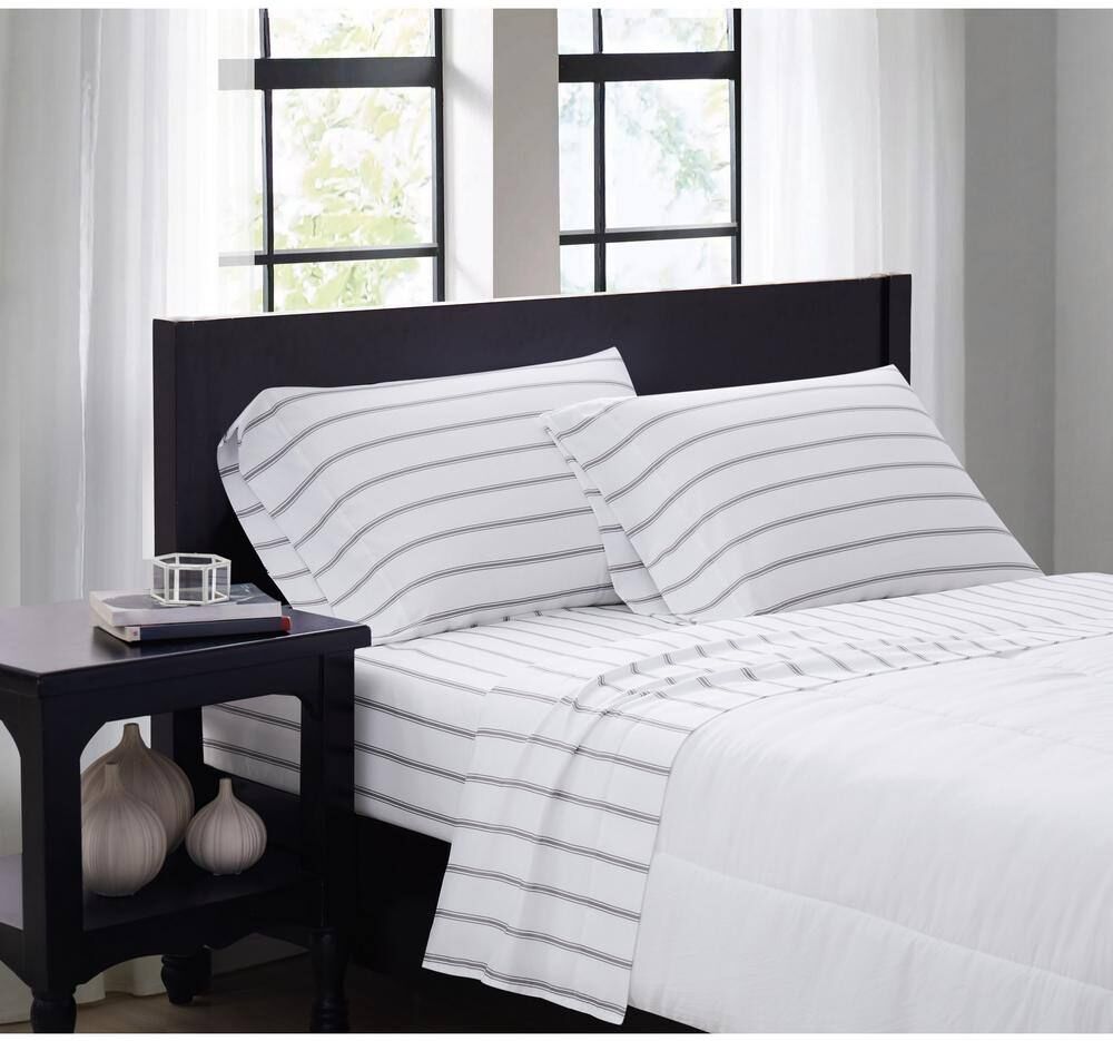 Truly Soft Ticking Stripe 4-Piece White/Grey Microfiber Queen Sheet Set