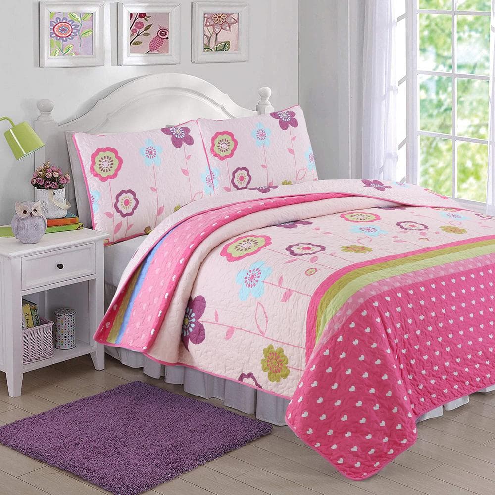 Cozy Line Home Fashions Little Heart Garden Flowers 3-Piece Pink Purple Blue Polyester Queen Quilt Bedding Set