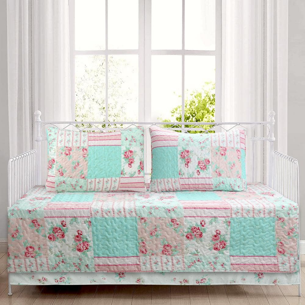 Cozy Line Home Fashions Tiffany Pink Garden 4-Piece Floral Pink White Microfiber Polyester Twin Daybed Bedding Quilt Set