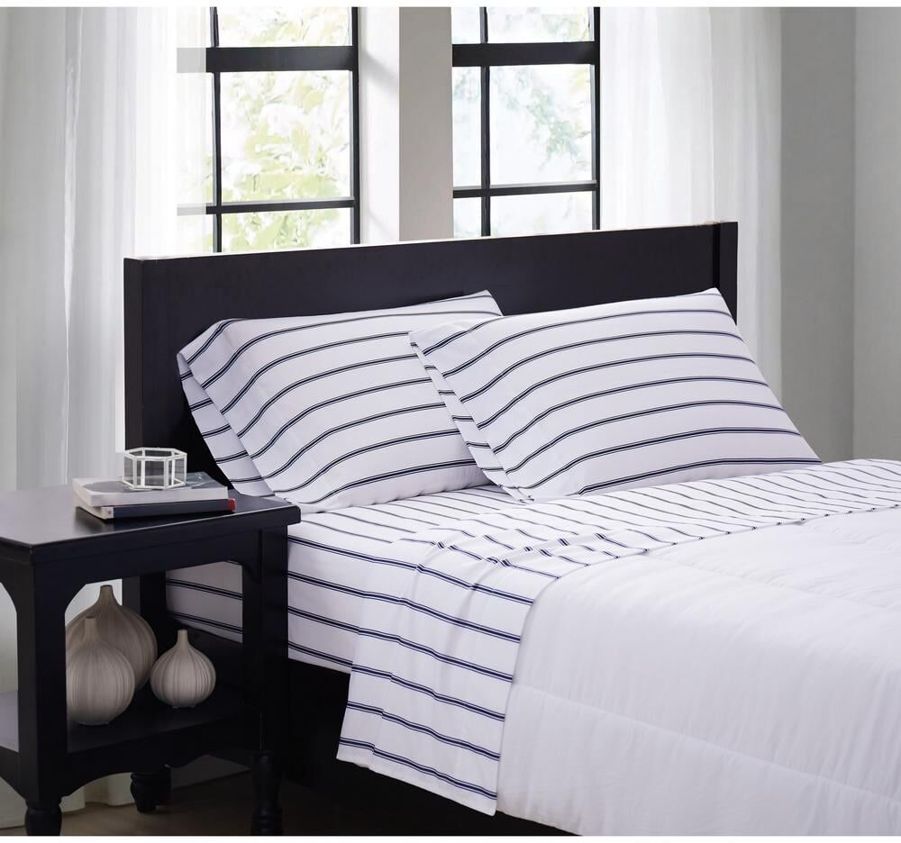 Truly Soft Ticking Stripe 4-Piece White/Navy Microfiber Queen Sheet Set