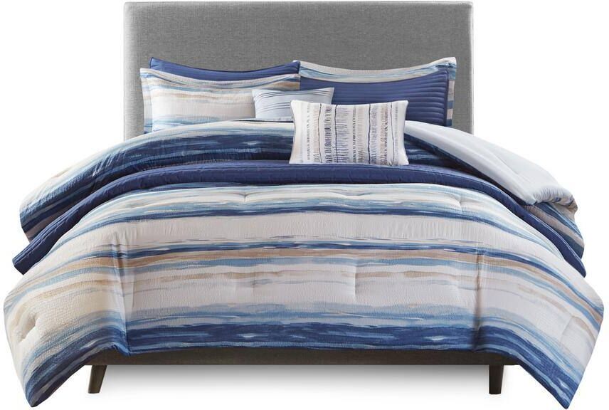 Madison Park Anchorage 8-Piece Blue King/Cal King Polyester Printed Seersucker Comforter and Quilt Set Collection