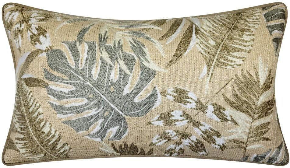 Cream Multi Raffia Embroidered Leaves Indoor/Outdoor 12 x 20 Decorative Pillow