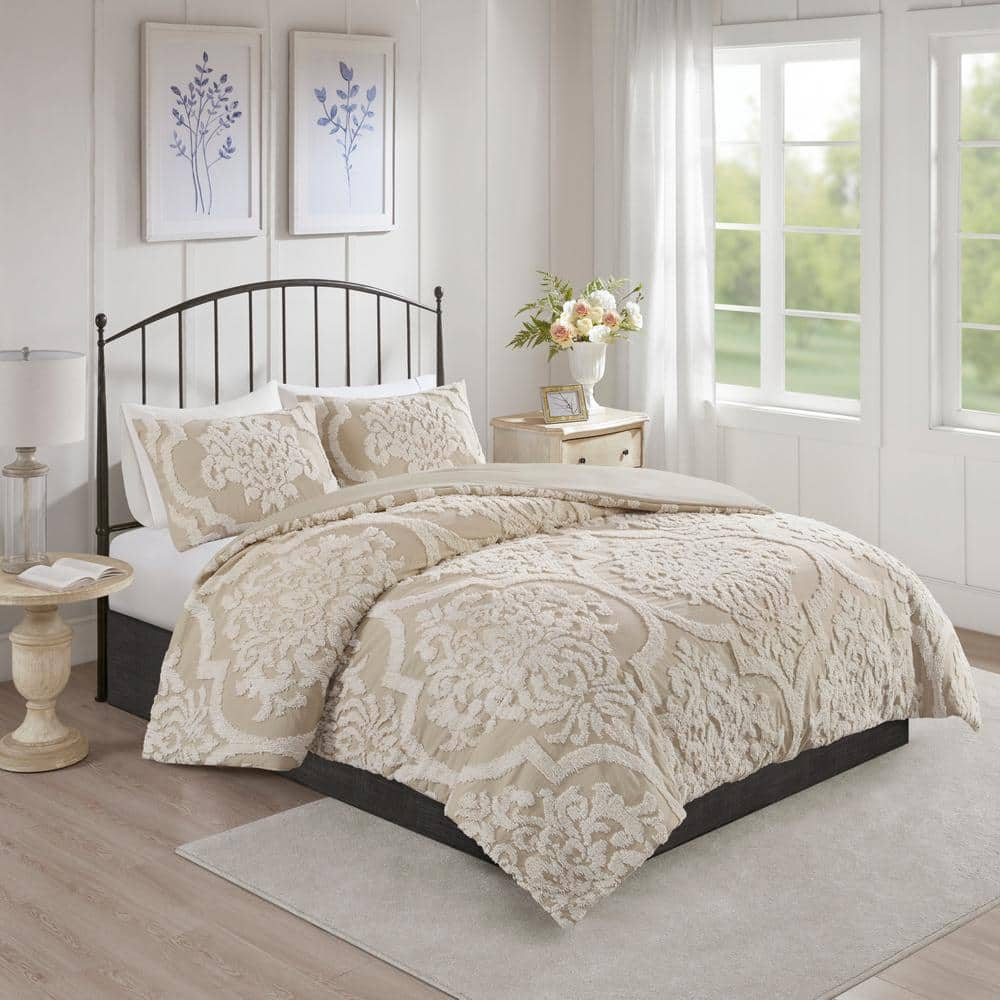 Madison Park Aeriela 3-Piece Taupe King/Cal King Tufted Cotton Chenille Damask Comforter Set