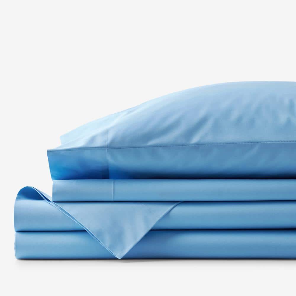 The Company Store Company Essentials 4-Piece Ocean Blue Solid 200-Thread Count Organic Cotton Percale Full Sheet Set