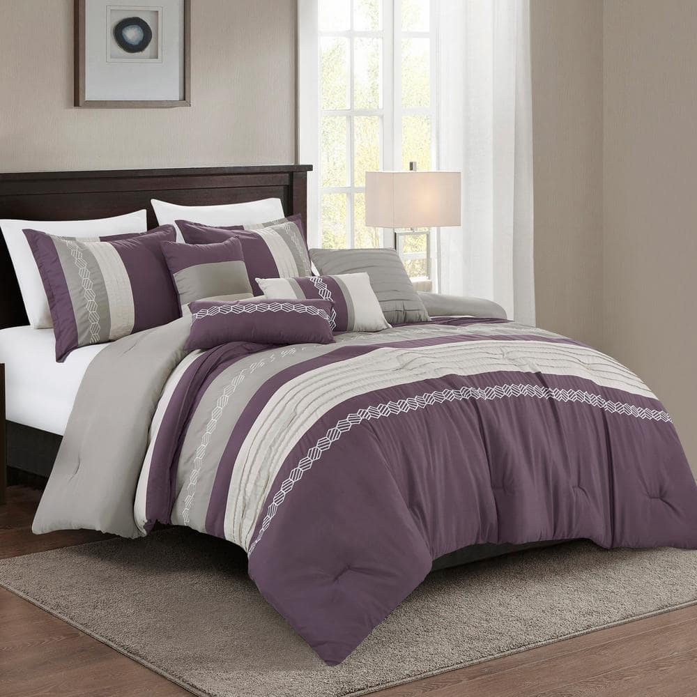 Shatex 7-Piece Stripe Gray Microfiber Polyester King Comforter Set