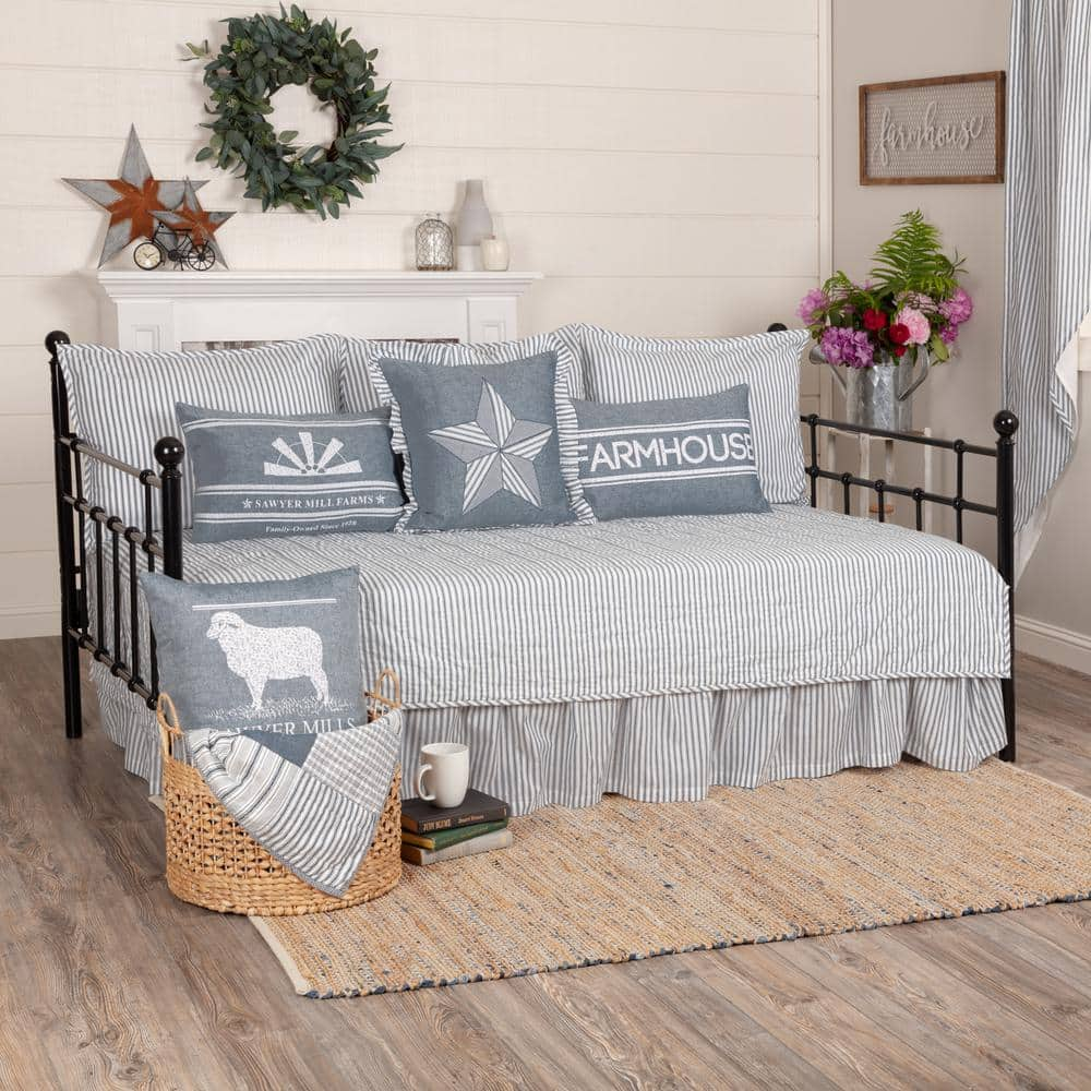 VHC BRANDS Sawyer Mill 5-Piece Blue Farmhouse Ticking Stripe Cotton Daybed Quilt Set