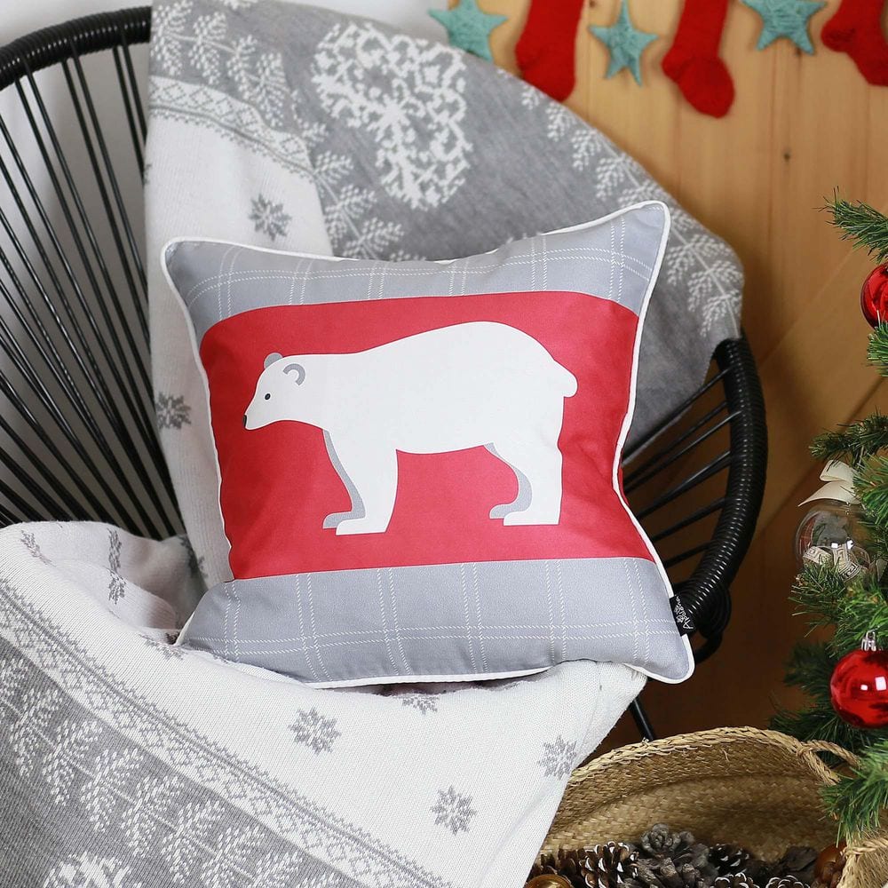 MIKE & Co. NEW YORK Christmas Bear Decorative Single Throw Pillow 18 in. x 18 in. White and Red and Gray Square for Couch, Bedding