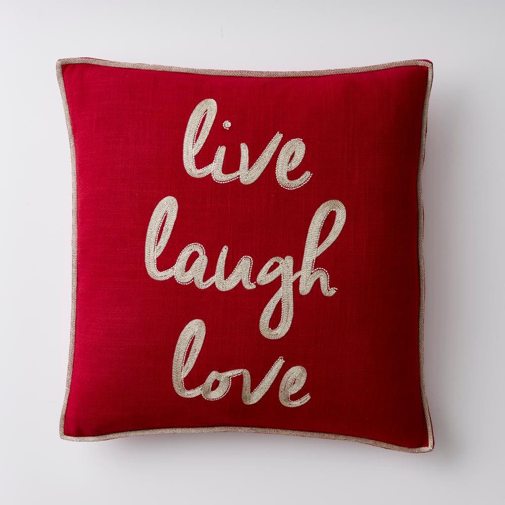 The Company Store Live, Laugh, Love Red Graphic Embroidered Decorative 18 in. Square Pillow Cover