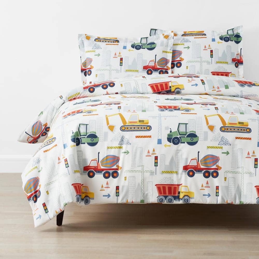 The Company Store Company Kids Construction Trucks White Multi Organic Cotton Percale Queen Duvet Cover Set