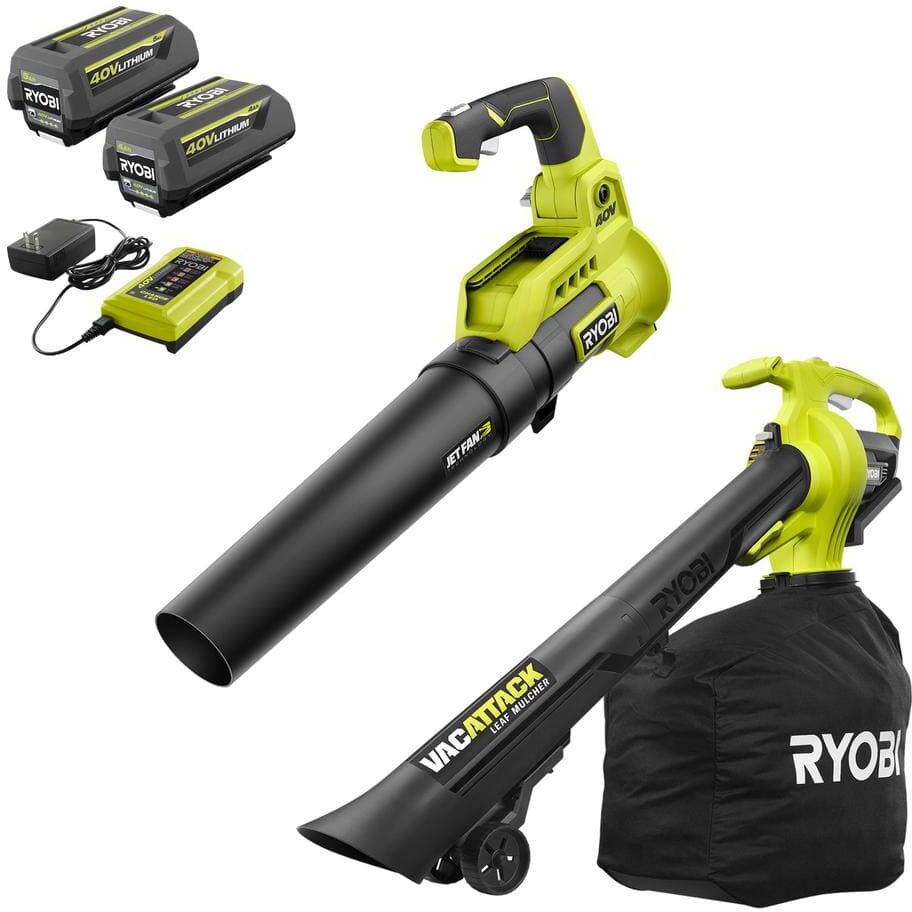 RYOBI 40V Cordless 110 MPH 525 CFM Cordless Leaf Blower and Cordless Leaf Vacuum/Mulcher w/ (2) Batteries and (2) Chargers