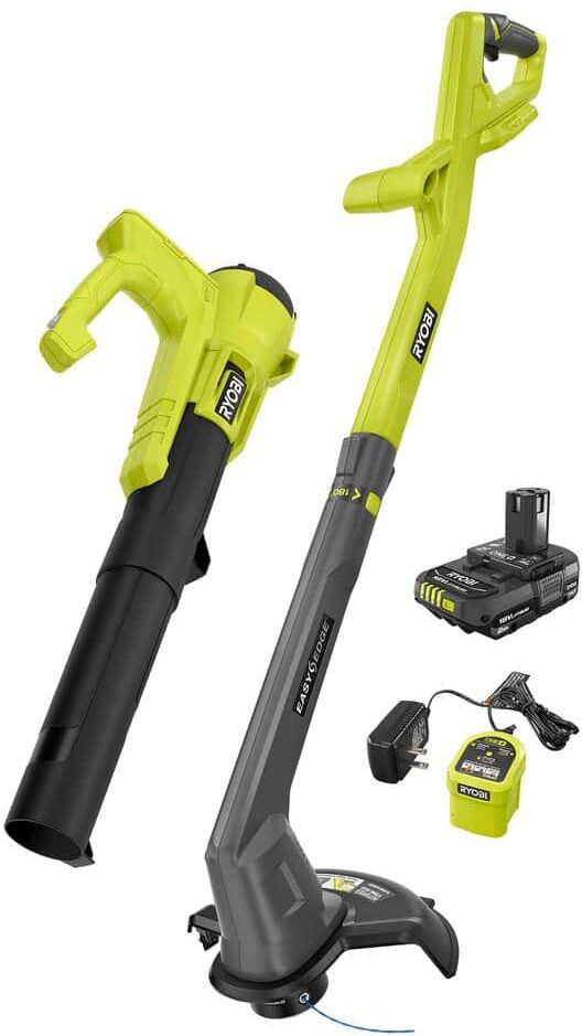 RYOBI ONE+ 18V Cordless String Trimmer/Edger and Blower/Sweeper Combo Kit (2-Tools) with 2.0 Ah Battery and Charger