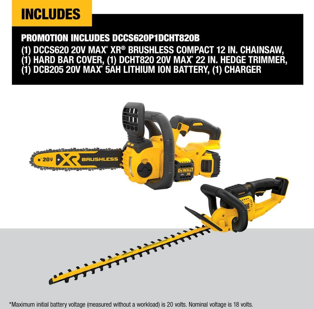 DeWalt 20V MAX 12 in. Brushless Battery Powered Chainsaw Kit & Hedge Trimmer with (1) 5.0 Ah Battery & Charger