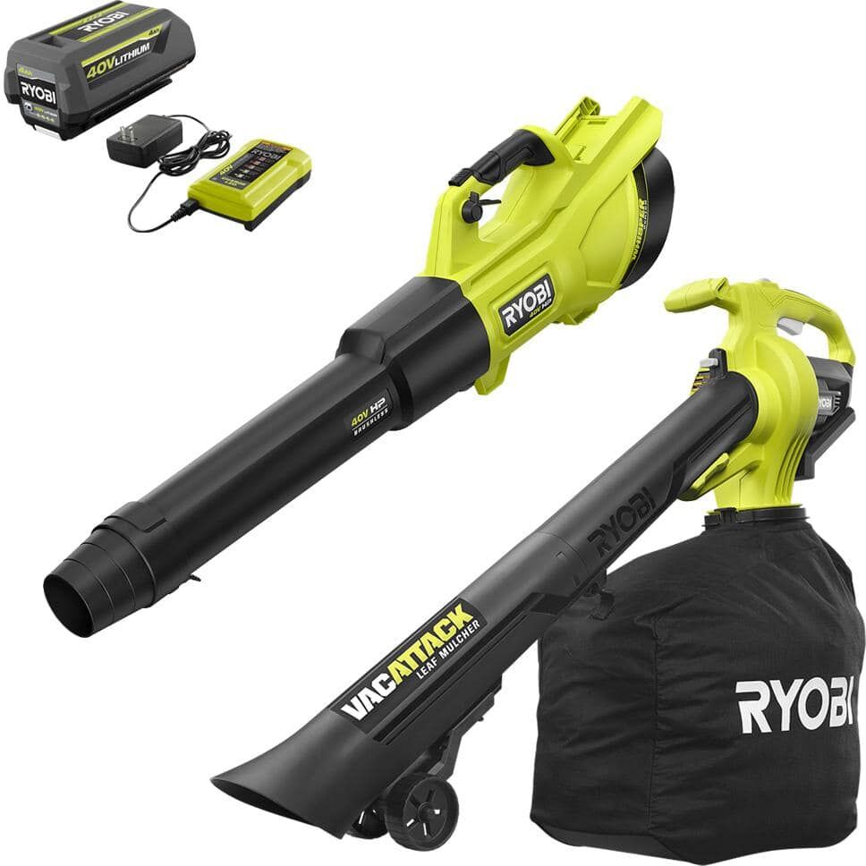 RYOBI 40V HP Brushless Whisper Series 155 MPH 600 CFM Cordless Blower & Leaf Vacuum/Mulcher with 4.0 Ah Battery and Charger