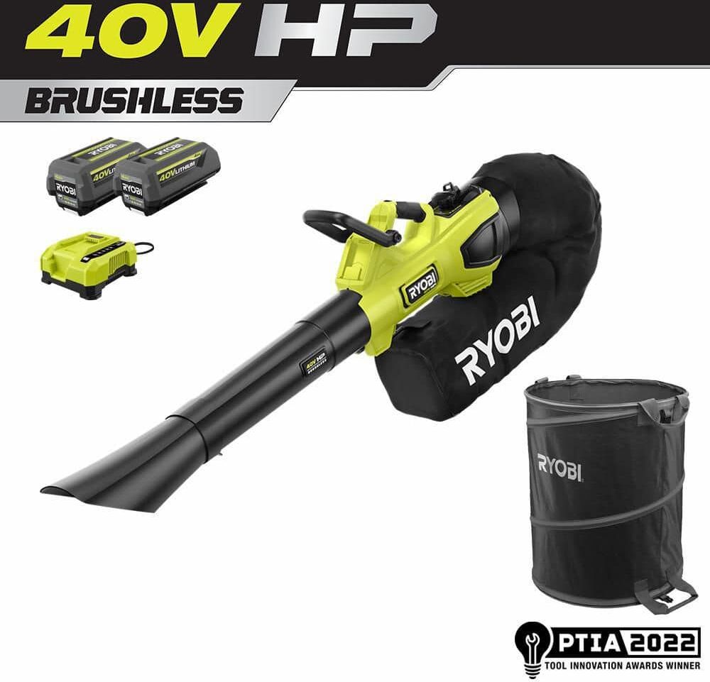 RYOBI 40V HP Brushless 100 MPH 600 CFM Cordless Leaf Blower/Mulcher/Vacuum w/ Lawn & Leaf Bag, (2) 4.0 Ah Batteries & Charger