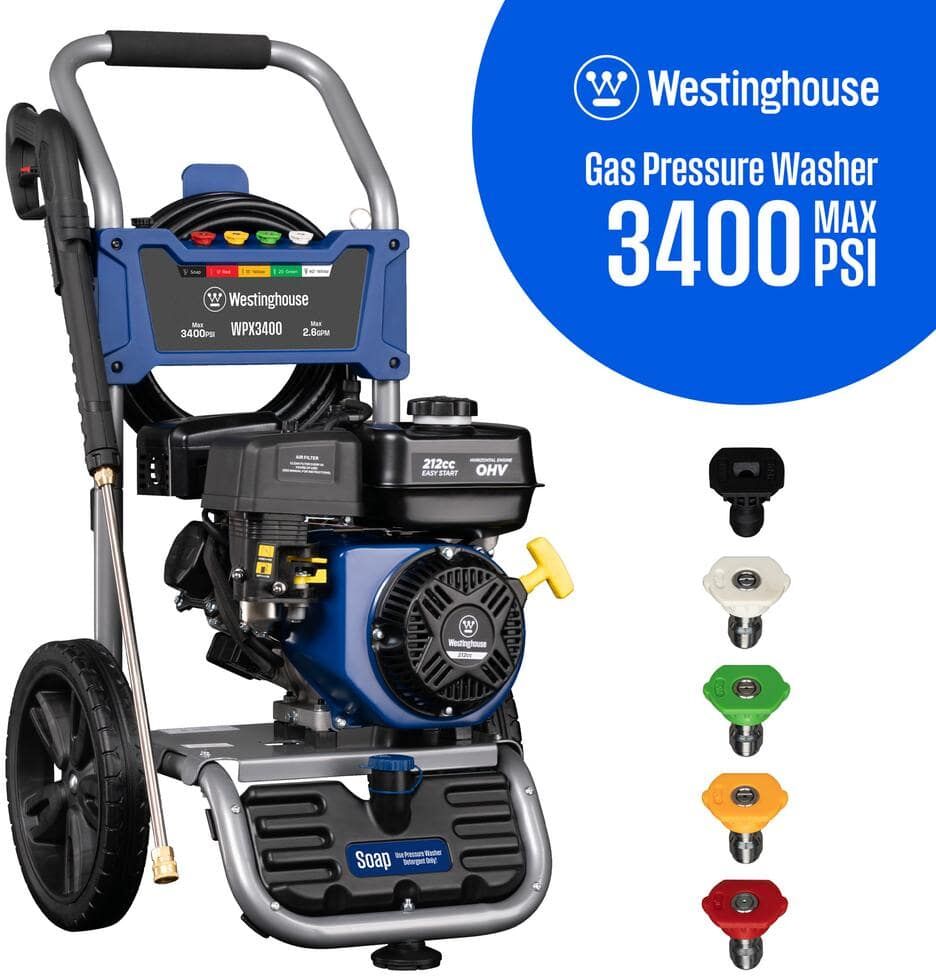 Westinghouse 3400 PSI 2.6 GPM Gas Powered Axial Cam Pump Cold Water Pressure Washer with Soap Tank and 5 Quick Connect Tips