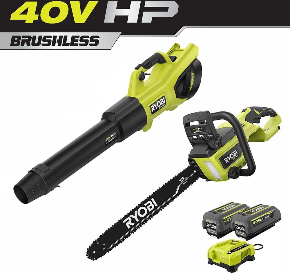 RYOBI 40V HP Brushless Cordless 190 MPH 730 CFM Leaf Blower and 18 in. Brushless Chainsaw w/ (2) 4.0 Ah Batteries and Charger