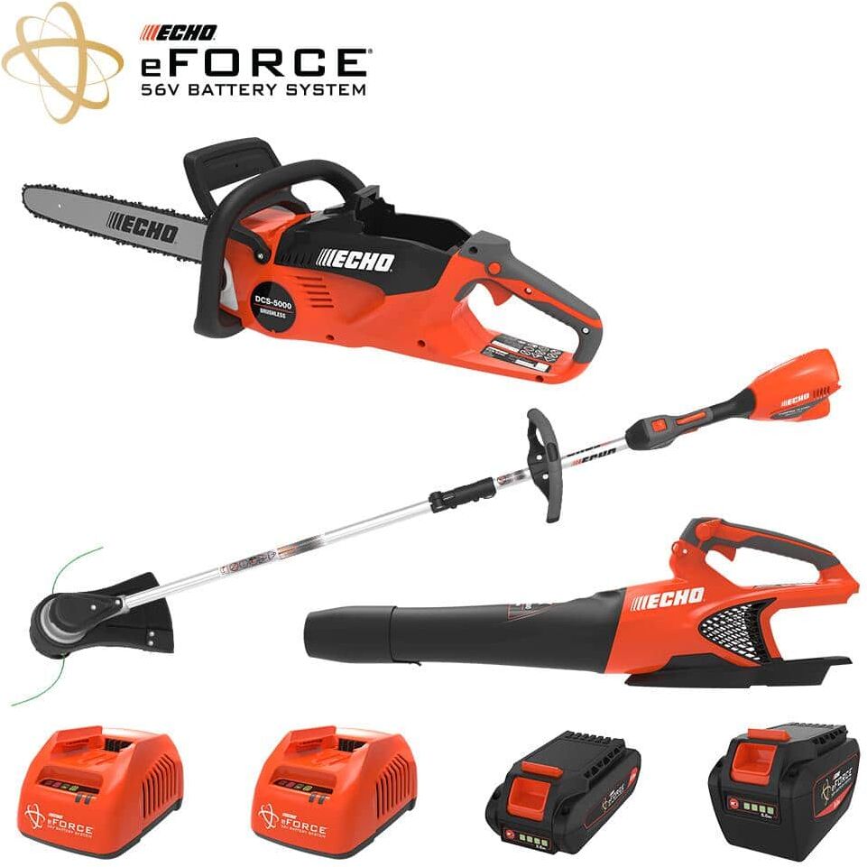 ECHO eFORCE 56V Cordless Battery String Trimmer, Blower & Chainsaw Combo Kit w/ 2.5Ah and 5.0Ah Battery and Charger (3-Tool)