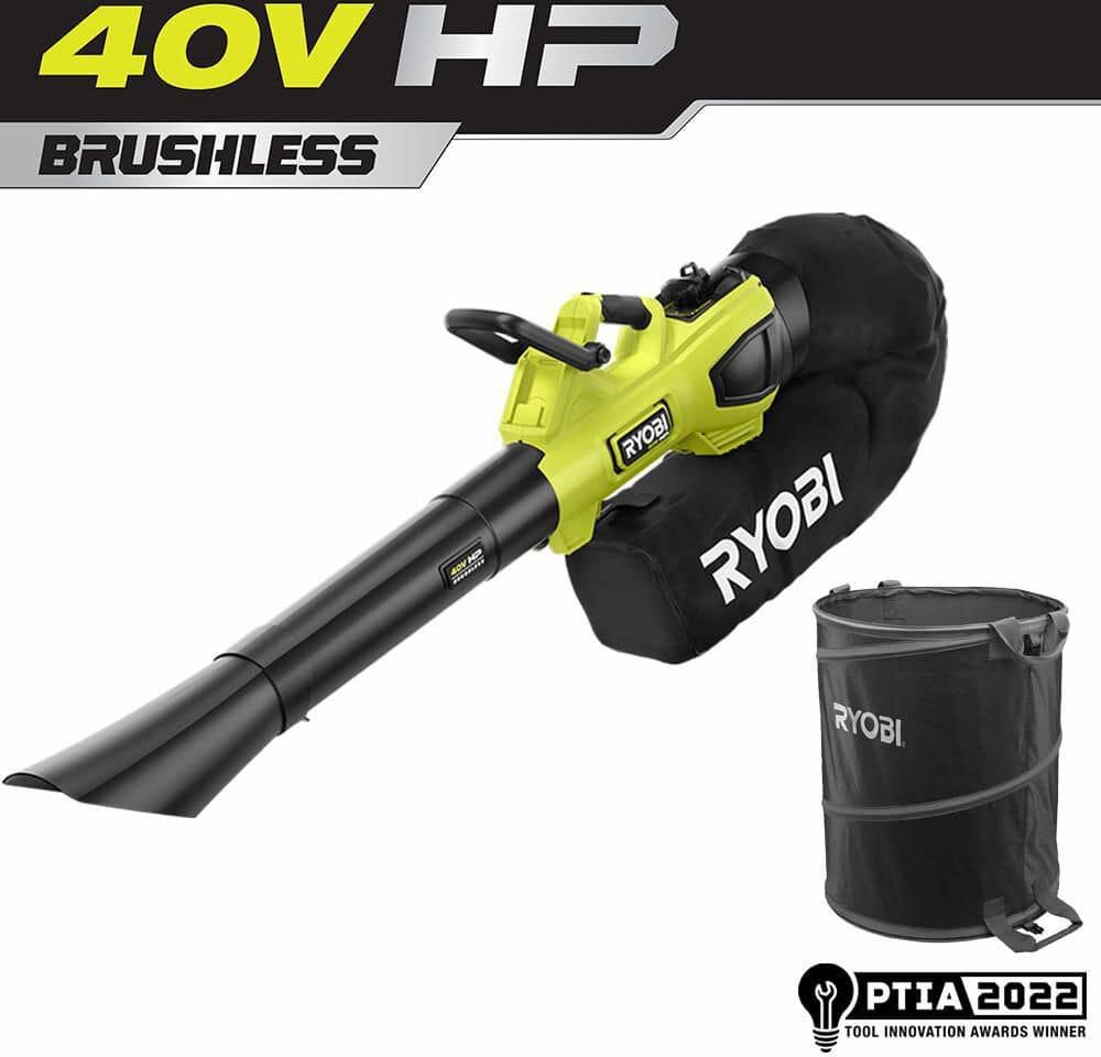 RYOBI 40-Volt HP Brushless 100 MPH 600 CFM Cordless Leaf Blower/Mulcher/Vacuum with Lawn and Leaf Bag (Tool Only)