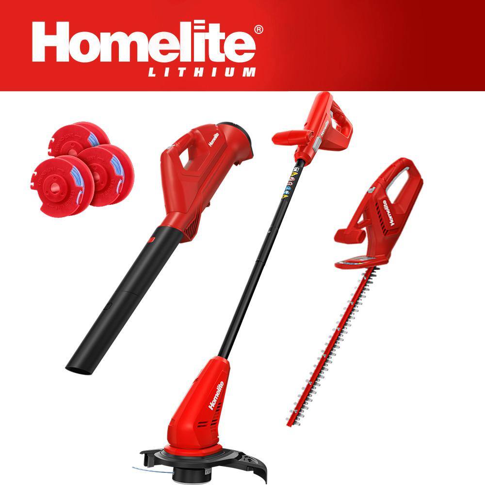 Homelite 12V 10 in. String Trimmer, Blower and Hedge Trimmer w/Extra 3-Pack of Spools (3) 2.5 Ah Batteries and (3) Chargers