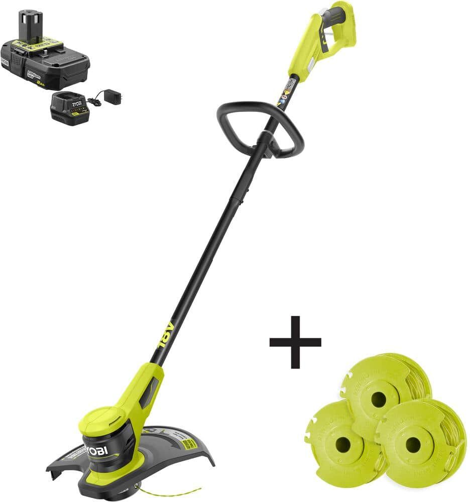 RYOBI ONE+ 18V 13 in. Cordless Battery Electric String Trimmer/Edger with Extra 3-Pack of Spools, 2.0 Ah Battery and Charger