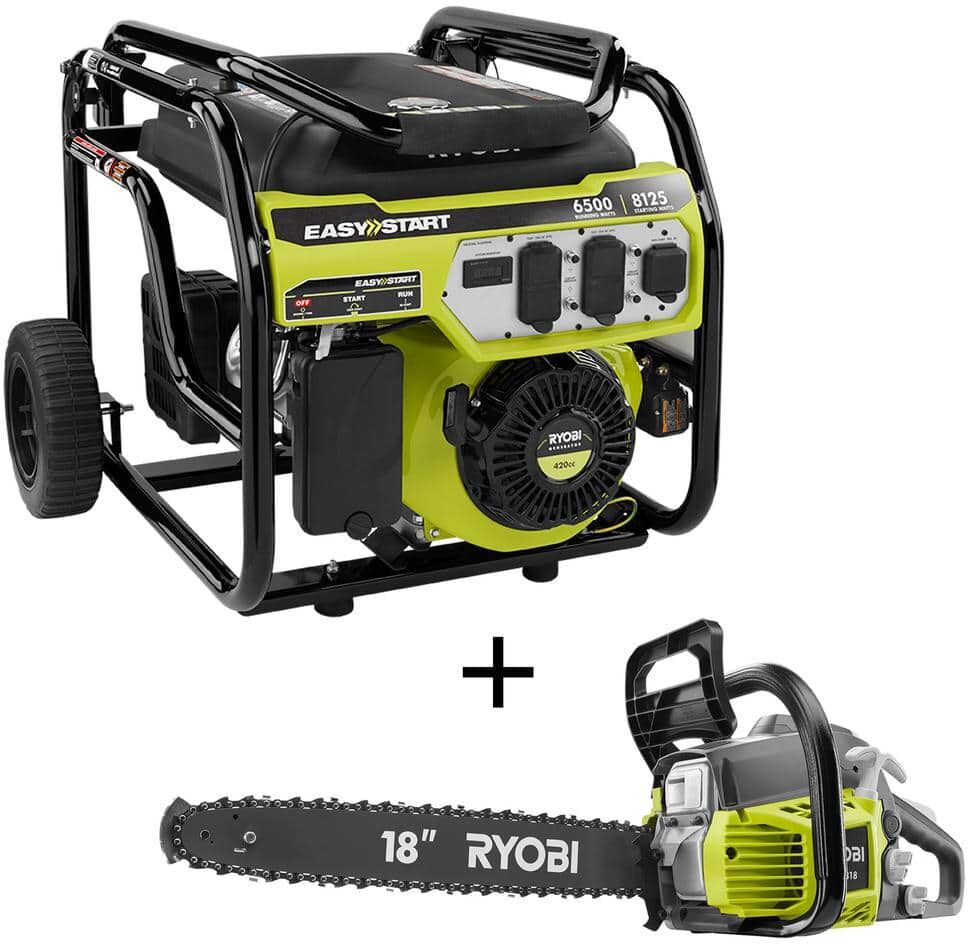 RYOBI 6,500-Watt Gasoline Powered Portable Generator w/CO Shutdown Sensor and 18 in. 38cc 2-Cycle Gas Chainsaw with Case