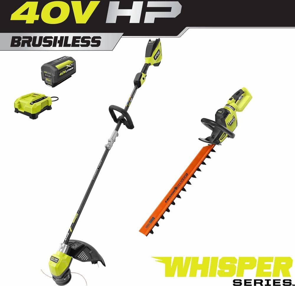 RYOBI 40V HP Brushless Whisper Series Carbon Fiber Shaft String Trimmer & 26 in. Hedge Trimmer w/ 6.0 Ah Battery and Charger