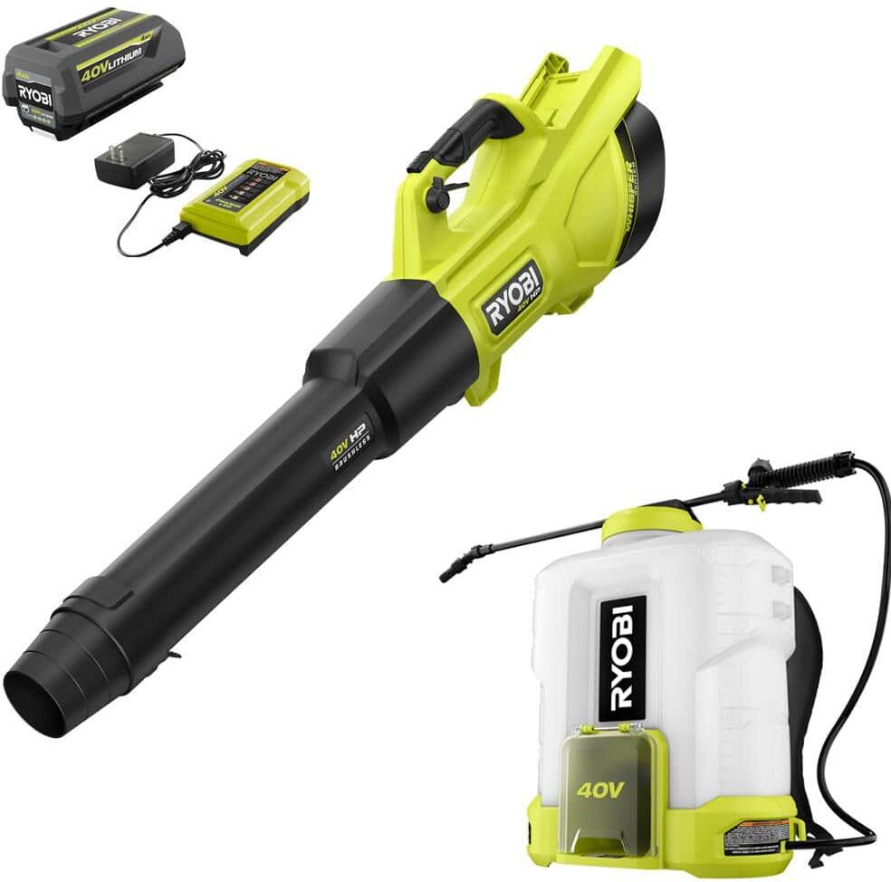 RYOBI 40V HP Whisper Series 155 MPH 600 CFM Cordless Leaf Blower and 4 Gal. Backpack Sprayer with 4.0 Ah Battery and Charger