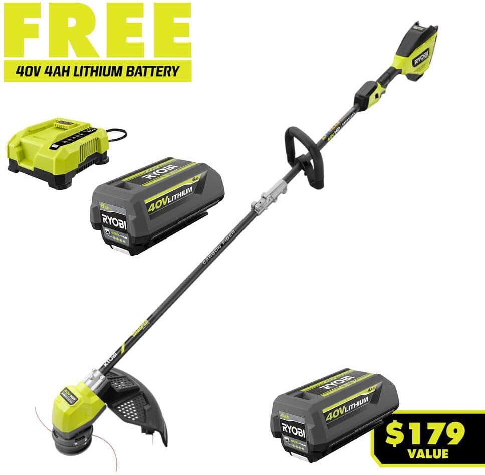 RYOBI 40V HP Brushless Whisper Series 17 in. Cordless Battery Carbon Fiber Shaft String Trimmer w/ 6.0 Ah Battery & Charger