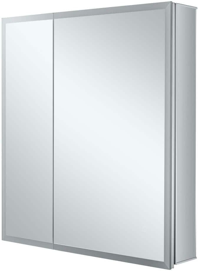 FINE FIXTURES 30 in. W x 30 in. H silver Recessed/Surface Mount Medicine Cabinet with Mirror in Silver Left Hinge and LED Lighting