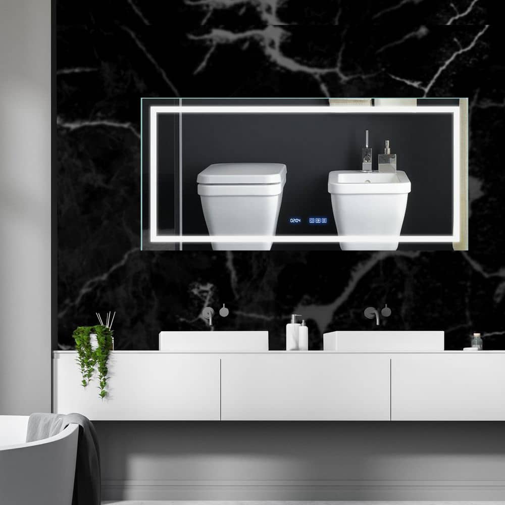 Modland Hans 60 in. W x 28 in. H Rectangular Frameless Dimmable Multi-Color Digital Clock Wall Mount Bathroom Vanity Mirror