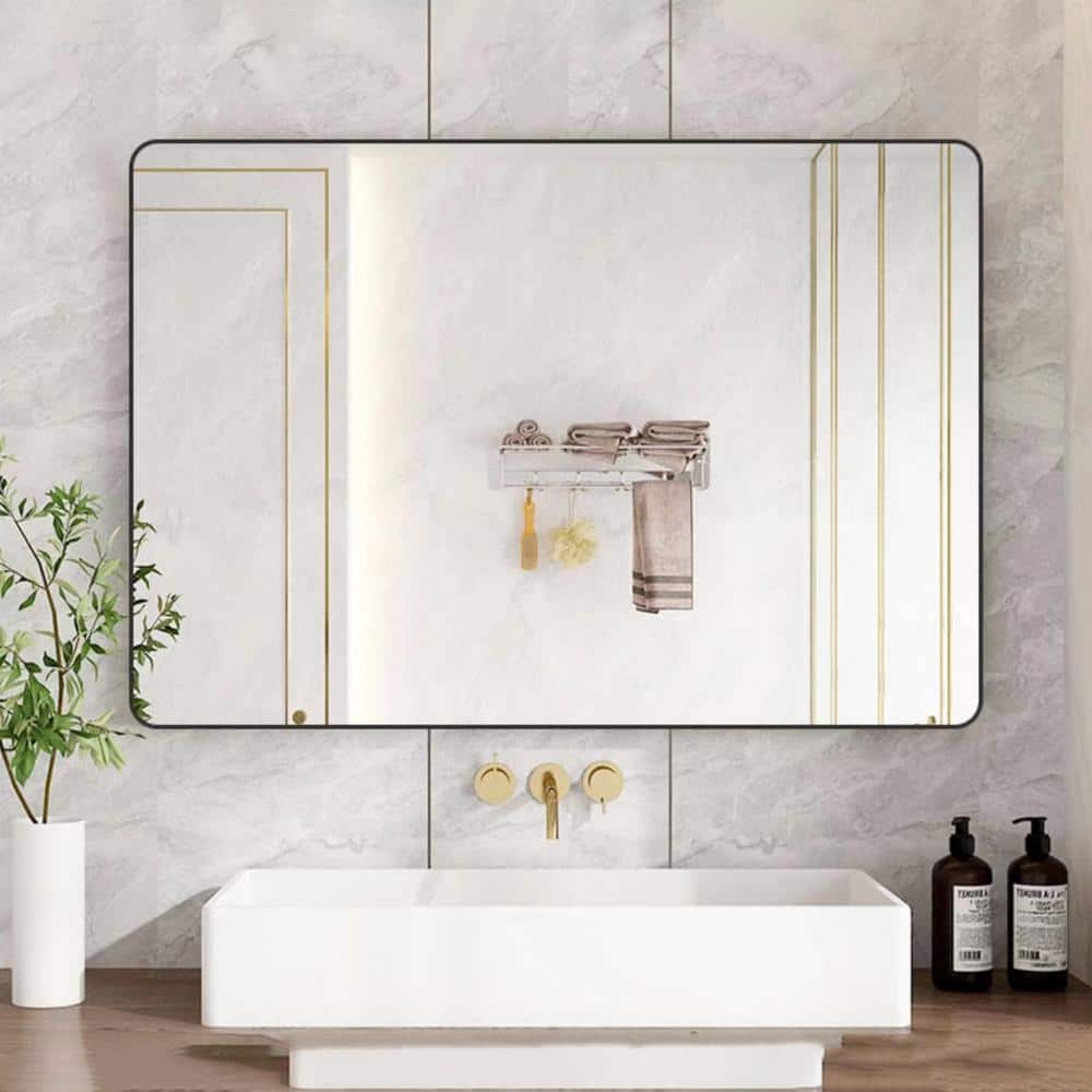24 in. W x 32 in. H Mordern Rounded Rectangular Aluminum Framed Wall Decorative Bathroom Vanity Mirror in Black