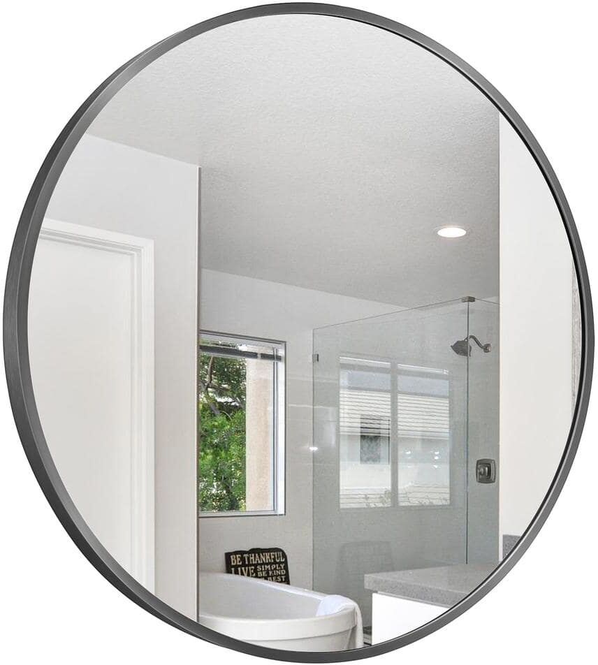 FORIOUS 24 in. W x 24 in. H Small Round Aluminum Framed Wall Bathroom Vanity Mirror in Matte Black