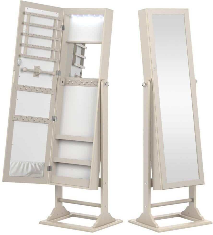 Beige Freestanding Lockable Jewelry Armoire with Full-Length Mirror and 6 LED Lights