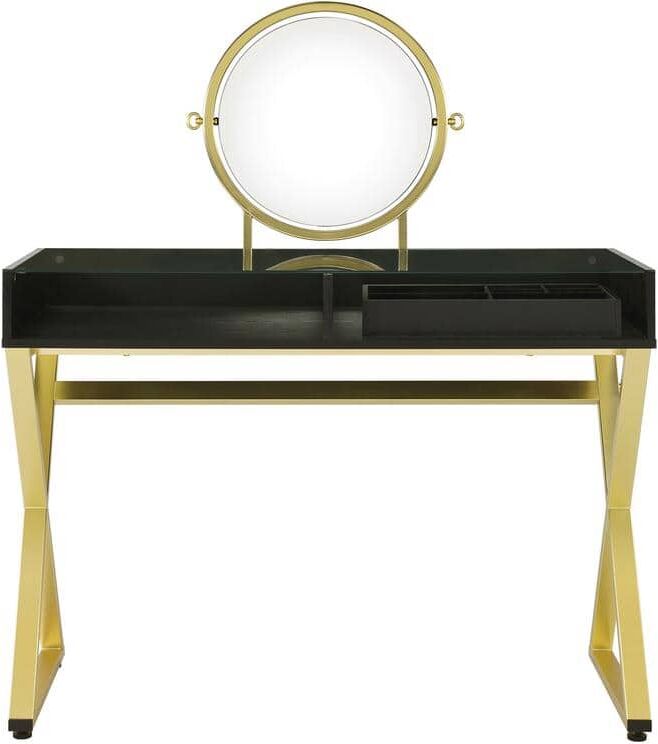 Aoibox 42''W x 19''D x 49''H Black Wooden Makeup Vanity with Mirror, Jewelry Trays, Tempered Glass Tabletop and Golden Frame