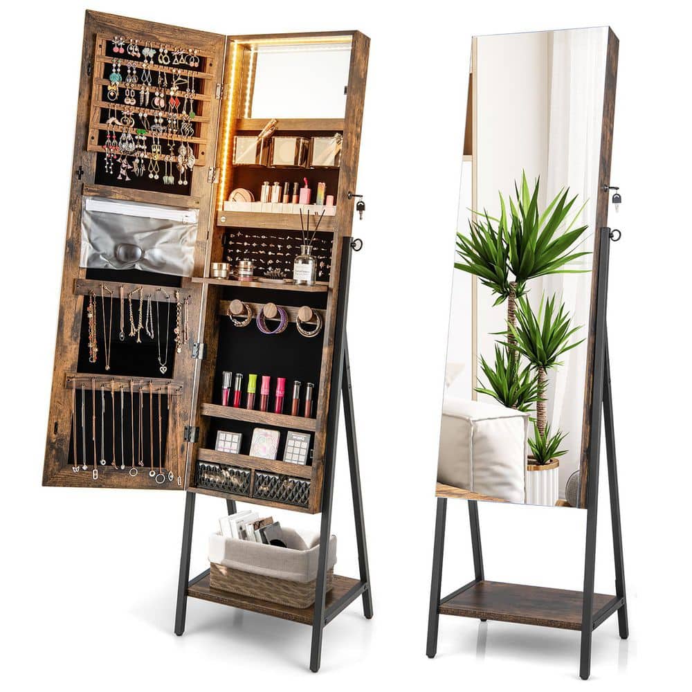 Costway Jewelry Brown Cabinet Armoire 3-Color LED Modes Full-Length Frameless Mirror Lockable
