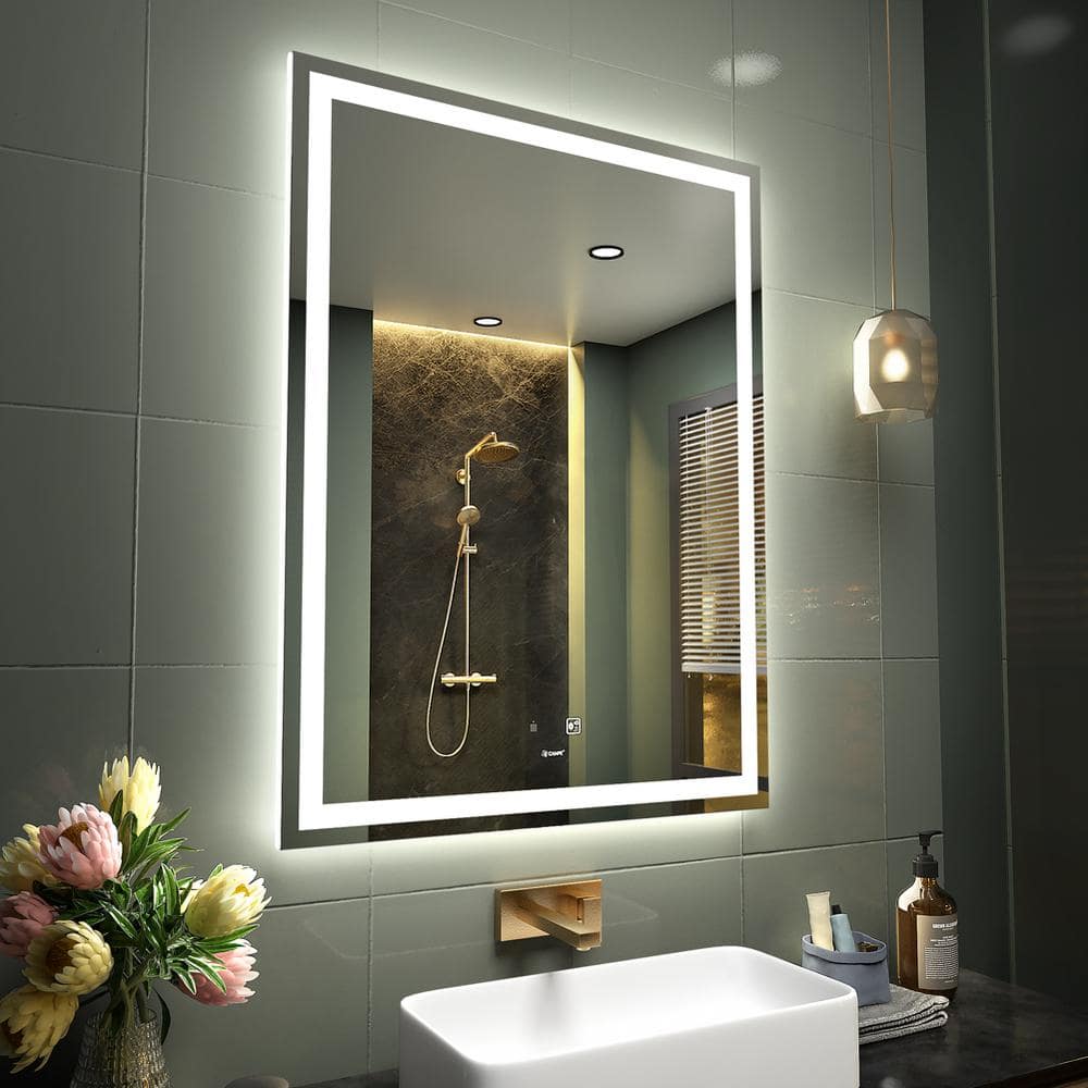 GP GANPE 32 in. W x 24 in. H Large Rectangular Frameless Anti-Fog Move Sensor Wall Mount Bathroom Vanity Mirror in Silver