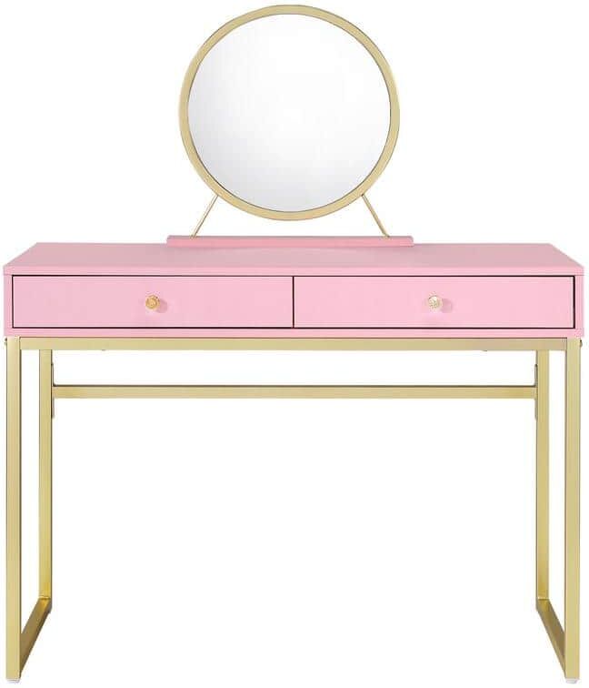 Aoibox 42 in. W x 20 in. D x 31 in. H Pink Wooden Makeup Vanity with Mirror, Jewelry Trays, and Golden Frame